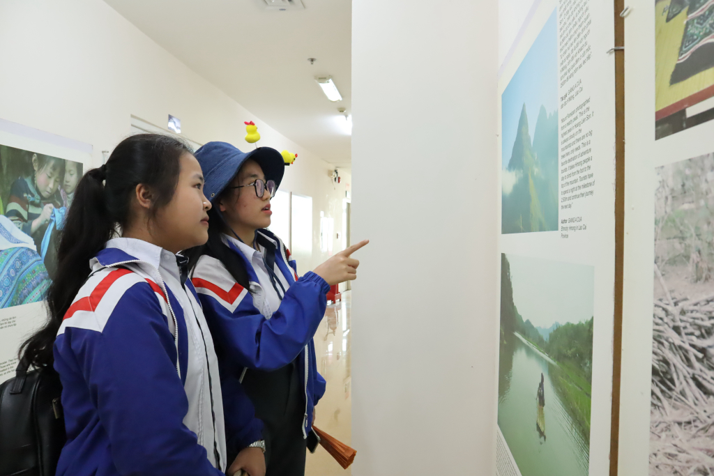 Học sinh lớp 11 Anh chăm chú quan sát ảnh trưng bày - Ảnh: Nhật Ánh